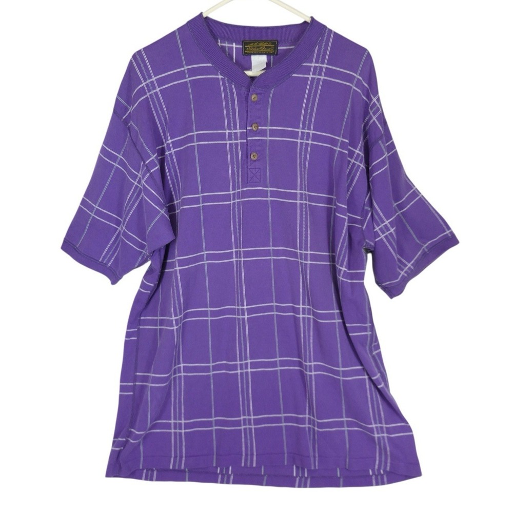 Eddie Bauer Shirt‎ Mens X-Large TALL Purple Windowpane Henley Plaid